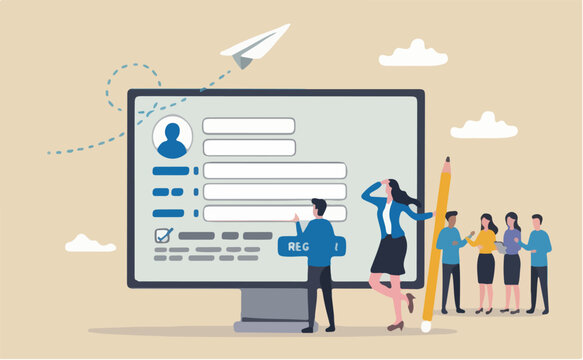 Register new user account, registration form submission, sign up information online, apply new job membership, self service concept, businesswoman with pencil complete online registration form