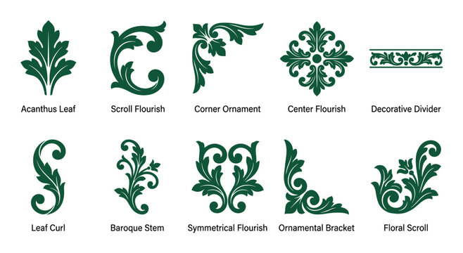 Elegant ornamental design elements collection featuring various decorative flourishes including acanthus leaves, scrollwork, baroque stems, and floral patterns for classic decor.