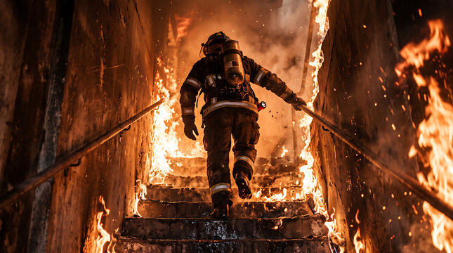 Firefighter in full gear climbing burning staircase