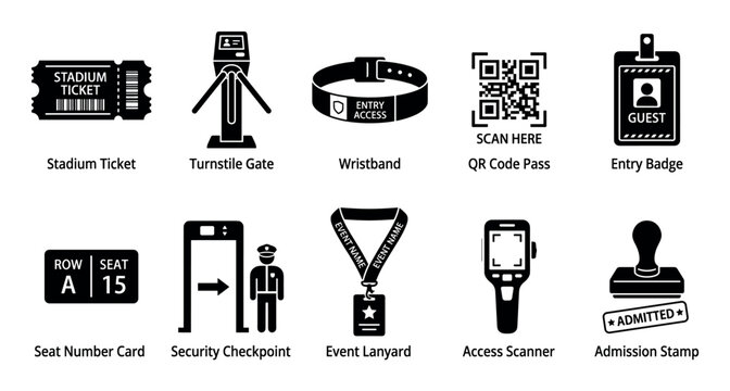 Various event access and entry control icons illustrating different methods for admission, security, and identification at venues.