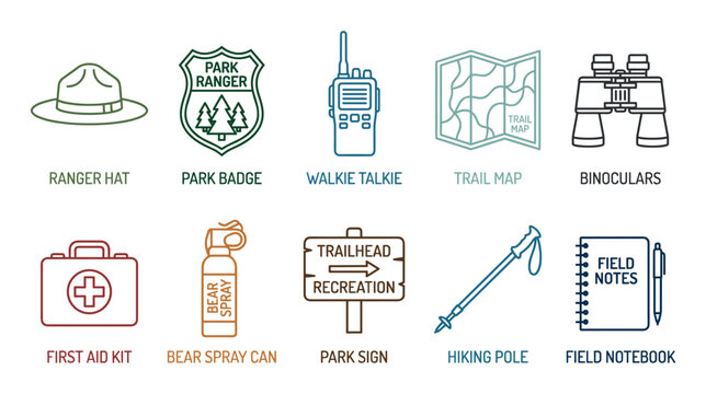 Park ranger equipment and outdoor adventure gear icons collection featuring essential tools for hiking, exploration, and wilderness safety.