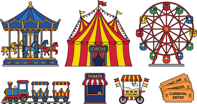 Vintage Style Circus and Carnival Vector Element Set with Carousel Big Top Tent Ferris Wheel Train Ticket Booth and Popcorn Cart