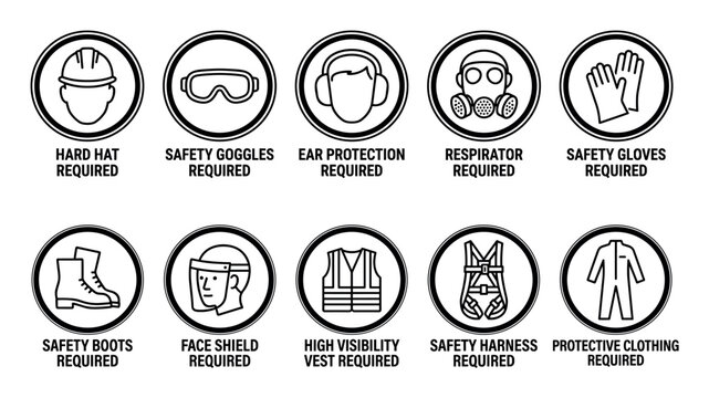 Personal protective equipment safety required signs collection featuring hard hat, goggles, ear protection, respirator, gloves, boots, face shield, vest, harness, and clothing symbols.