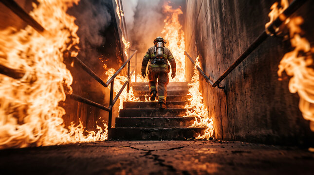 Wide angle view of firefighter walking up burning staircase