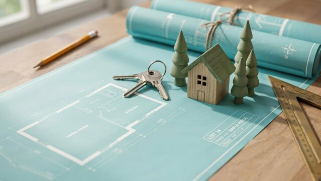 Architectural blueprint with house model, keys, and drafting tools