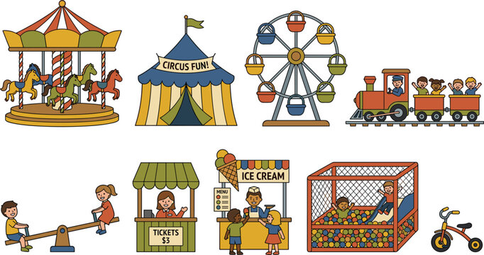 Vintage Style Kids Amusement Park and Playground Vector Icon Set with Carousel Ferris Wheel Circus Tent Train Ride Seesaw and Ball Pit