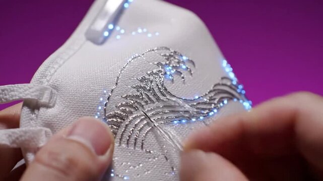 Hands sewing glowing LED wave pattern onto white face mask close up.