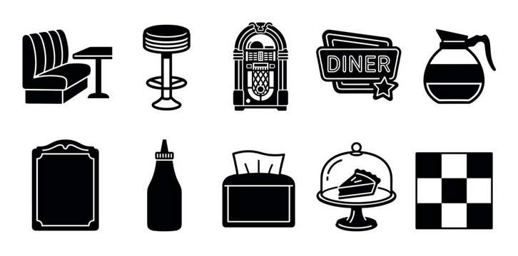 Retro diner elements icons set featuring classic American restaurant objects like a jukebox, booth, bar stool, coffee pot, and pie.