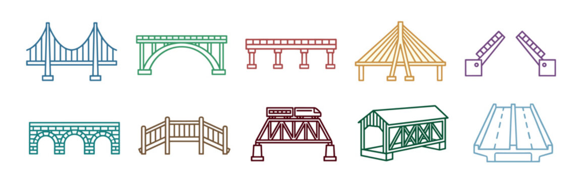 Various bridge types vector line icons set illustrating different architectural structures for transportation and connectivity across waterways and land.