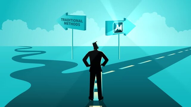Business Choosing AI Over Traditional Methods Motion Graphic, Digital Transformation Decision, Artificial Intelligence Business Strategy Animation