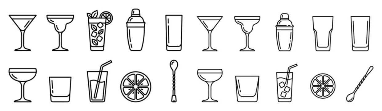 Various cocktail glasses, bar tools, and drink ingredients are illustrated as a comprehensive set of outline icons for beverage menus.