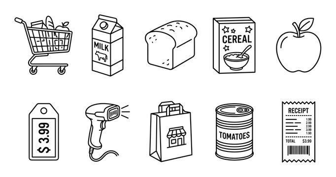 Grocery shopping supermarket food items retail icons set featuring essential products and elements like a cart, milk, bread, cereal, apple, price tag, scanner, bag, can, and receipt.