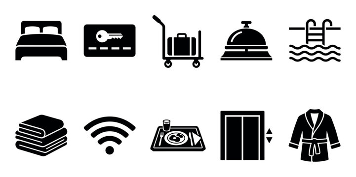 Hotel services amenities icons set showcasing guest facilities like bed, key card, luggage, pool, and room service for hospitality industry concepts.