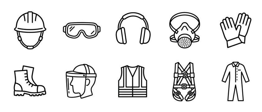 Essential personal protective equipment icons representing various safety gear for workplace protection and occupational health standards.