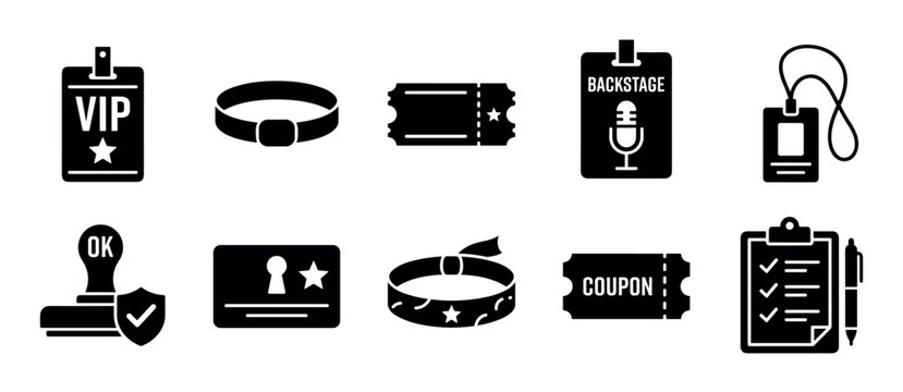 Event access tickets wristbands passes badges and verification icons are displayed as a comprehensive set of glyphs for various entry and authorization purposes.