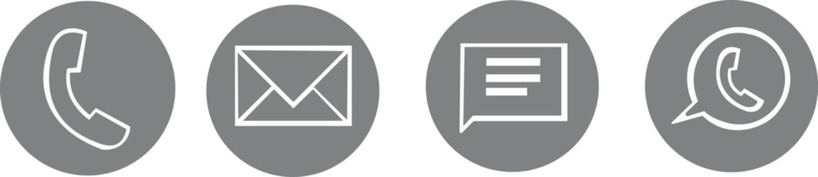 Four gray circular representing communication methods including phone, email, chat, and messaging, isolated on a clean white background
