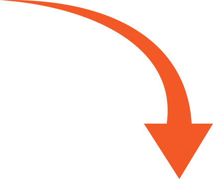 Orange downward curved arrow indicating decline or direction on a white background, for business and, data analysis presentations