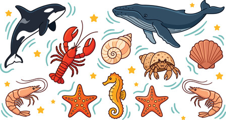 Fototapeta premium Marine Animals and Sea Creatures Vector Icon Set with Whale Orca Lobster Shrimp Seahorse Starfish Hermit Crab Shells and Stars