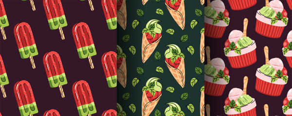 Naklejka premium Set of Seamless Patterns with Watermelon Ice Cream, Sorbet and Summer Treats in Flat Style. Refreshing Dessert Texture for Beach Bar Menu, Background, Cafe Branding, Packaging and Seasonal Design