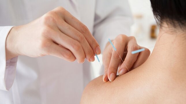 Close up of shoulder acupuncture trigger point needle insertion