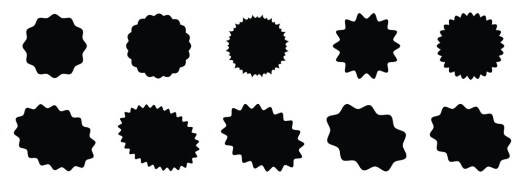 Collection of black starburst, spiky, and scalloped badge shapes in clean flat vector style. Ideal for sale labels, discount stickers, promo badges. Set of circles with zigzag edgesSunburst sticker .