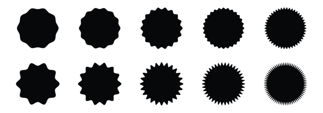 Collection of blue starburst, spiky, and scalloped badge shapes in clean flat vector style. Ideal for sale labels, discount stickers, promo badges. Set of circles with zigzag edges, Sunburst sticker s
