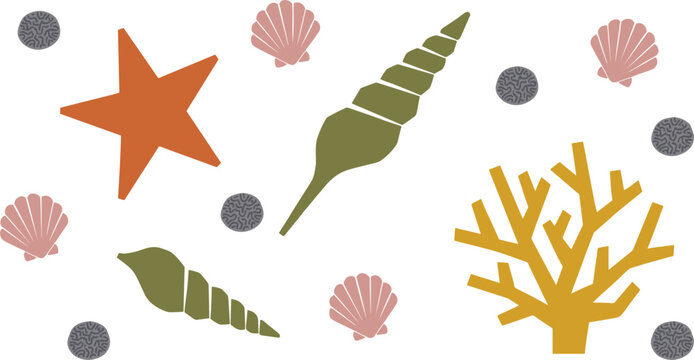 Minimalist Earth Tone Flat Marine Vector Element Set with Starfish Coral Branch Spiral Snail Seashells Pebble Stones and Pink Scallops