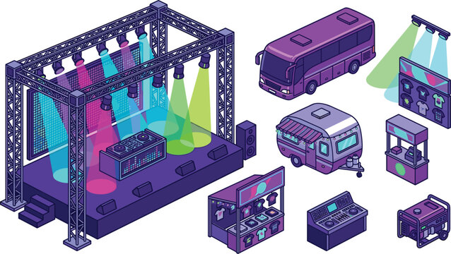 Isometric Neon Music Concert Stage Vector Elements Set with DJ Booth, Tour Bus, Camper Trailer, Generator, Mixer, and Merchandise Stalls for Electronic Rave Festival Layouts