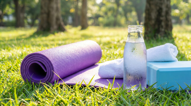 Purple yoga mat with water bottle and towel on green grass in a sunny park