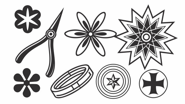 An illustration of various floral designs and a pair of scissors on a clean surface with geometric shapes.