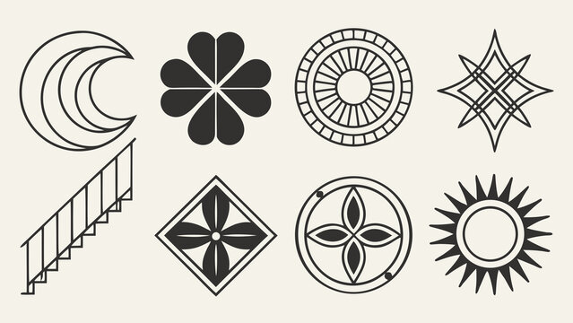 Geometric shapes and symbols arranged on a flat surface in black lines