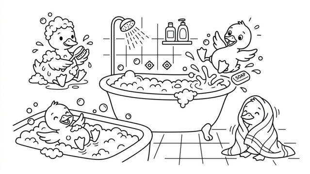 Funny Baby Duck Bathing Cartoon Set &ndash; Adorable Ducklings in Bathroom Tub with Splashing Water and Bath Accessories Vector Pack