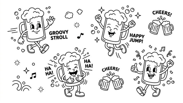 Cute Walking Beer Mug Cartoon Patch Set &ndash; Happy Foam Beer Glass Character with Retro Groovy Vibes Vector Illustration Pack