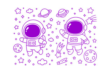 Two cute cartoon astronauts floating in outer space wearing white suits with purple details in a simple line art style © BWKit