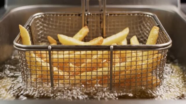 Golden Fries Sizzling In Fryer Basket, Closeup Commercial Kitchen Deep Fryer With Oil Bubbles, Stainless Steel Basket Holding Potato Sticks, Crisping Edges With Warm Golden Tones, Appetizing Texture