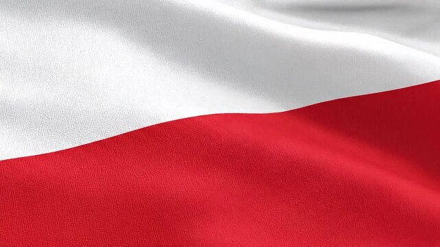 Polish flag waving gracefully in the wind, showcasing vibrant red and white stripes under bright daylight with detailed fabric texture.