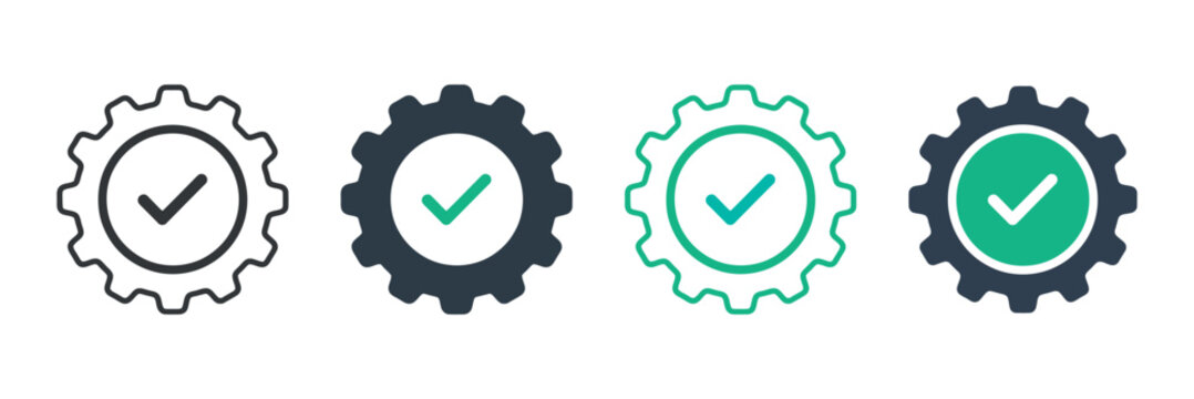 Gear icon with checkmark four variations in flat style