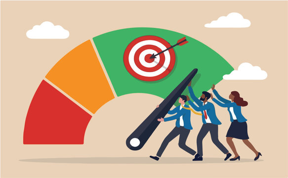 Performance rating, risk management employee survey score, evaluation grade assessment, employee engagement, credit score, productivity concept, business people help push measuring gauge scale
