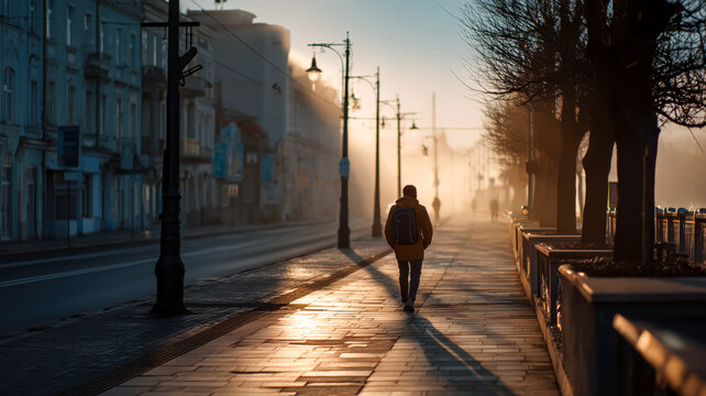 Lone figure strolls down a sunlit, misty promenade