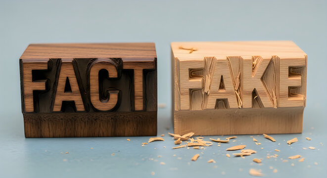 Wooden blocks with fact and fake words on light blue background with shavings