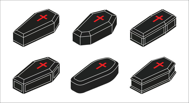 Black coffin silhouettes with red cross emblems a vector illustration on a white background coffins casket caskets burial grave graveyard death dying funeral mortuary silhouette