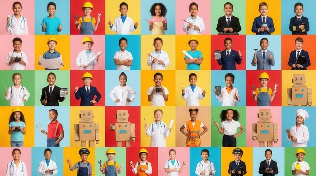 A colorful collage of different children dreaming about their future professions on color background
