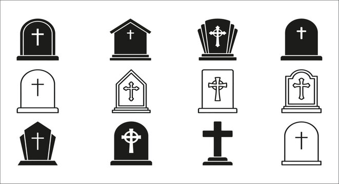 Tombstone silhouettes with crosses a collection of black vector graphics on a white background cemetery grave headstone tomb burial memorial silhouette black and white graphic illustration symbol