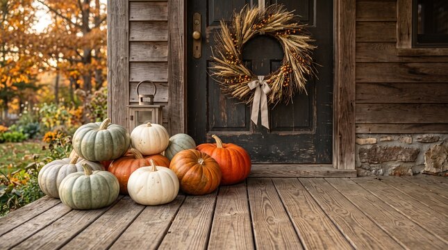 Autumn harvest pumpkins and wheat wreath adorn a rustic wooden porch with a weathered door