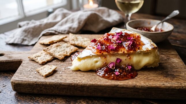 Gourmet baked brie cheese with fig jam and rose petals served with crackers and white wine