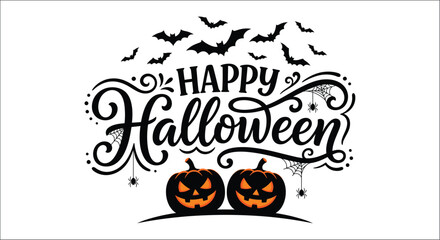Halloween typographic design with pumpkins and bats black and white vector illustration typography calligraphy hand lettering fall autumn holiday celebration spooky scary night october decoration © vector desgins 