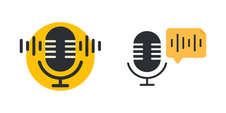 Podcast icon set. Illustration of microphones and soundwaves representing audio communication. vector illustration on white background