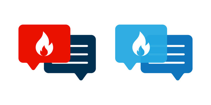 Trending Topic icon set. Red and blue chat icons with flame symbols, representing hot topics of conversations. vector illustration on white background