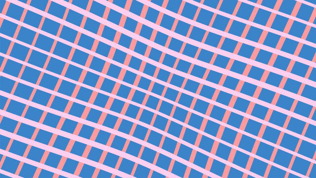 Retro wavy grid pattern background, pink distorted mesh on blue backdrop, psychedelic checkered vector texture for 90s aesthetic design