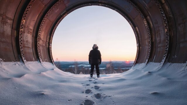 Person standing in a large industrial pipe looking out at a snowy landscape